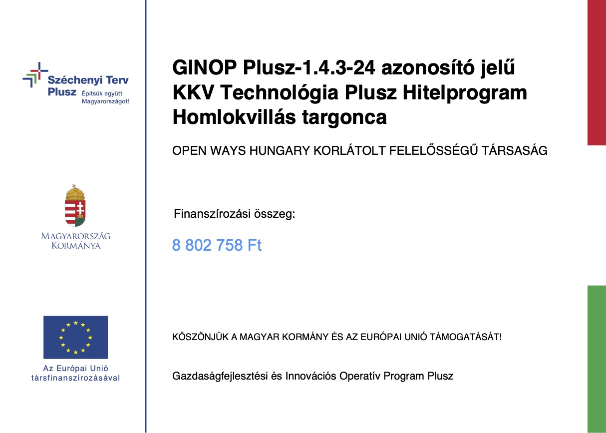 GINOP Plusz-1.4.3-24 KKV Technológia Plusz Hitelprogram: Széchenyi Terv Plusz, Magyarország Kormánya, Az Európai Unió társfinanszírozásával